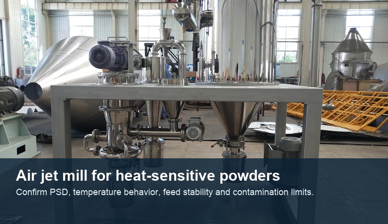 Air jet mill system used to process heat-sensitive fine powders